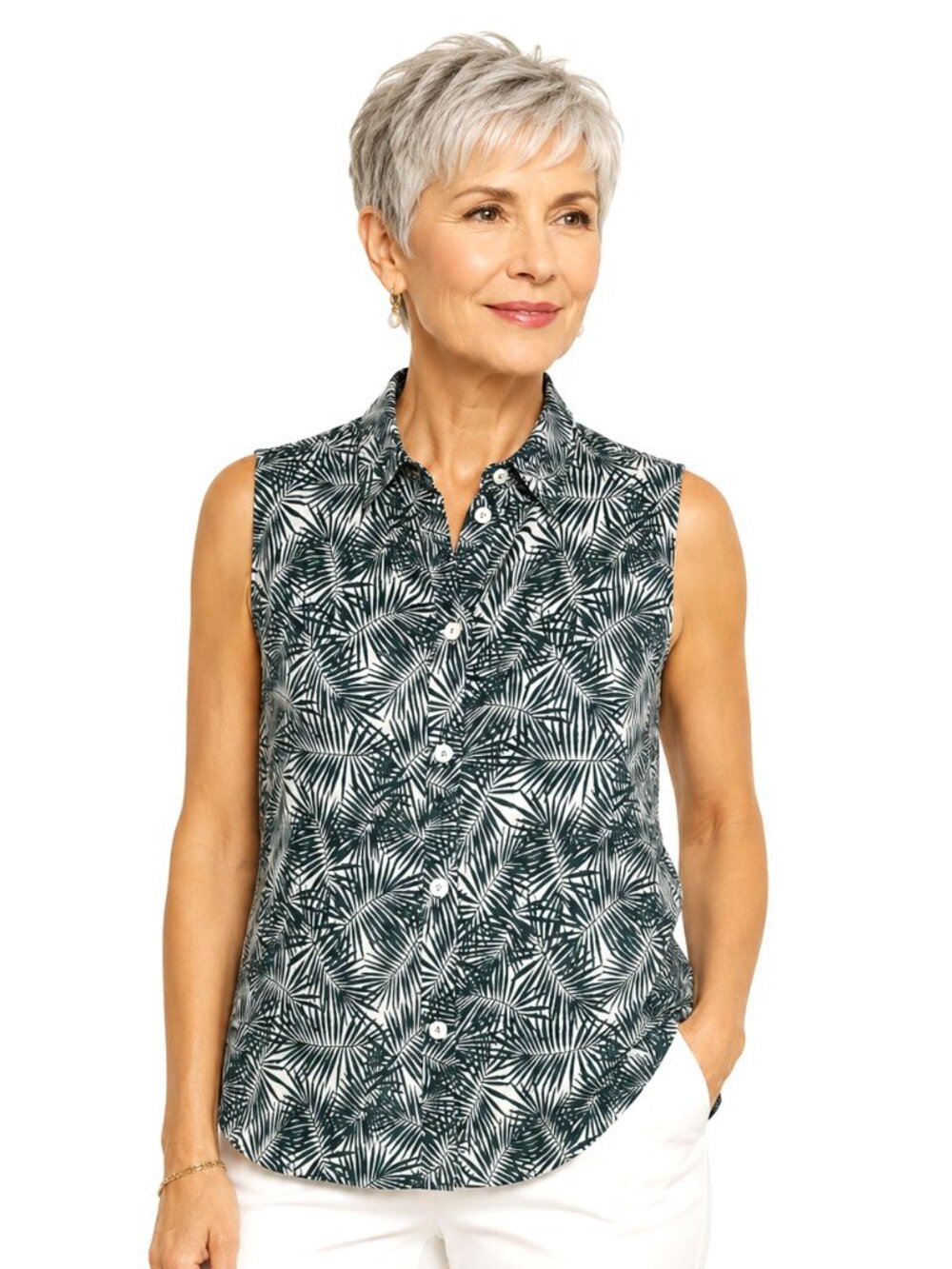 Amour Vert Green Palm Leaf Print Silk Sleeveless Top